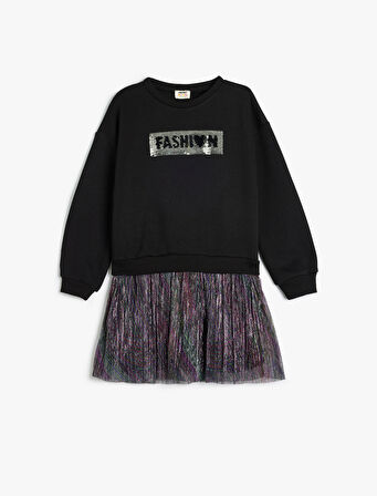 Elbise Tütü Etekli Yuvarlak Yaka Uzun Kollu Pullu Payetli 