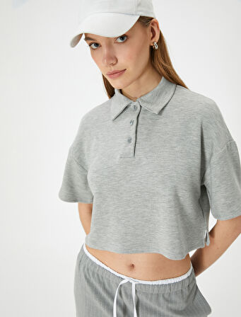 Polo Yaka Tişört Crop Kısa Kollu Düğmeli Viskon Karışımlı