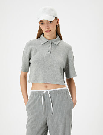Polo Yaka Tişört Crop Kısa Kollu Düğmeli Viskon Karışımlı