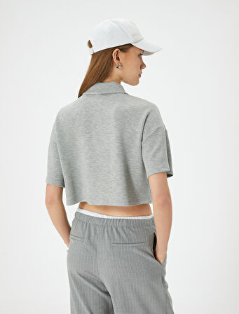 Polo Yaka Tişört Crop Kısa Kollu Düğmeli Viskon Karışımlı