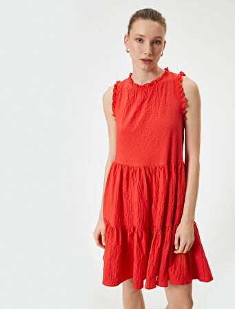 Mini Volanlı Elbise Dokulu Kolsuz Fırfırlı Bisiklet Yaka