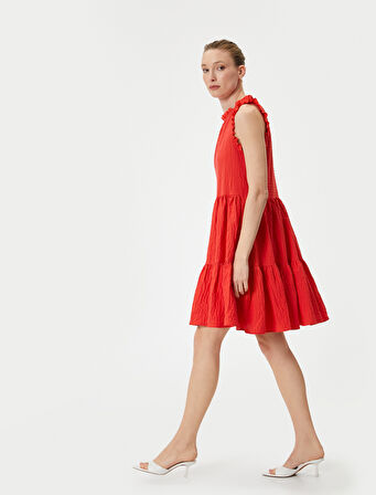 Mini Volanlı Elbise Dokulu Kolsuz Fırfırlı Bisiklet Yaka