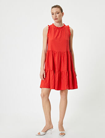 Mini Volanlı Elbise Dokulu Kolsuz Fırfırlı Bisiklet Yaka