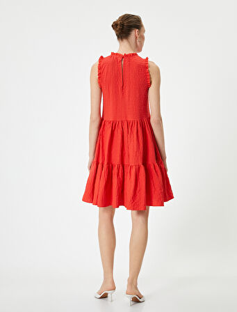 Mini Volanlı Elbise Dokulu Kolsuz Fırfırlı Bisiklet Yaka