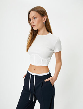 Crop Tişört Pamuklu Korse Detaylı Bisiklet Yaka Kısa Kollu