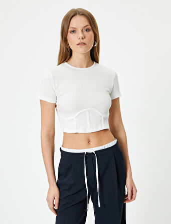 Crop Tişört Pamuklu Korse Detaylı Bisiklet Yaka Kısa Kollu