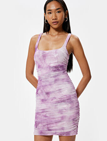 Mini Bodycon Elbise Drapeli Kalın Askılı Slim Fit Metalik Görünümlü