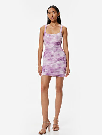 Mini Bodycon Elbise Drapeli Kalın Askılı Slim Fit Metalik Görünümlü