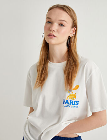 Tweety Tişört Lisanslı Arkası Baskılı Kısa Kollu Bisiklet Yaka Pamuklu