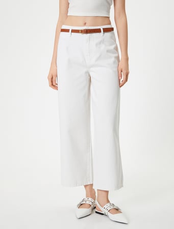 Geniş Paça Kemerli Kot Pantolon Yüksek Bel - Bianca Crop Jean