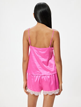 Saten Pijama Üstü İnce Askılı Dantelli 