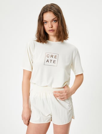 Spor Tişört Slogan Baskılı Bisiklet Yaka Kısa Kollu Oversize