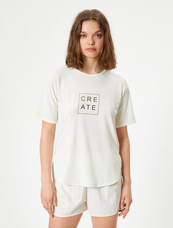 Spor Tişört Slogan Baskılı Bisiklet Yaka Kısa Kollu Oversize