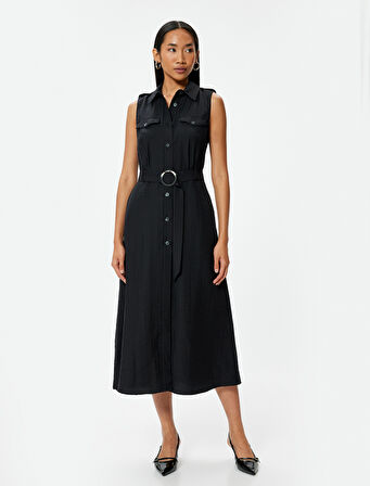 Midi Boy Kolsuz Gömlek Elbise Kemer Detaylı Cepli 