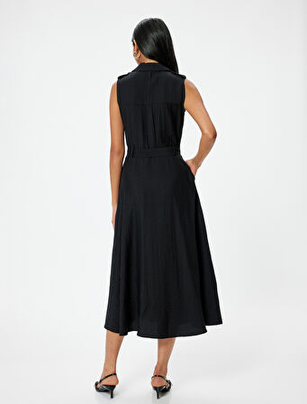 Midi Boy Kolsuz Gömlek Elbise Kemer Detaylı Cepli 