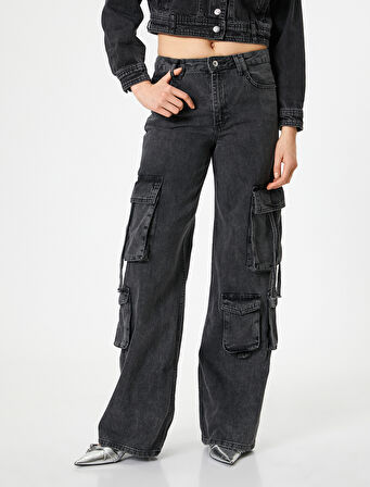 Kargo Kot Pantolon Düz Bol Paça Standart Bel - Eve Straight Jeans