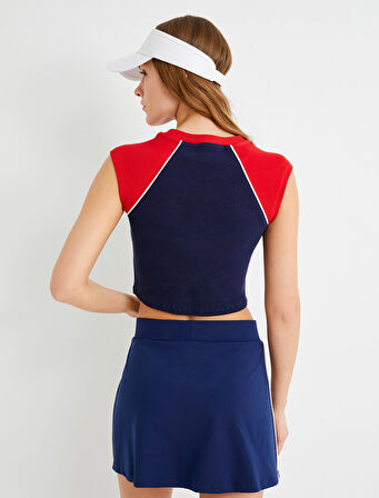 Spor Kolsuz Crop Tişört Renk Bloklu Yuvarlak Yaka Baskılı Ribanalı Slim Fit