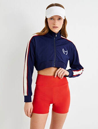 Fermuarlı Crop Sweatshirt Dik Yaka Çizgili Renk Bloklu İnterlok