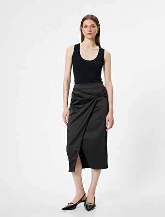 Kruvaze Etek Saten Midi Önden Yırtmaçlı Slim Fit Fermuarlı