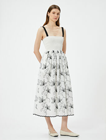 Çiçekli Midi Elbise Gipeli Askılı Kare Yaka