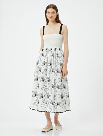 Çiçekli Midi Elbise Gipeli Askılı Kare Yaka