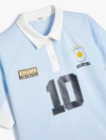 Oversize Tişört Polo Yaka Renk Bloklu Spor Baskılı Kısa Kollu 