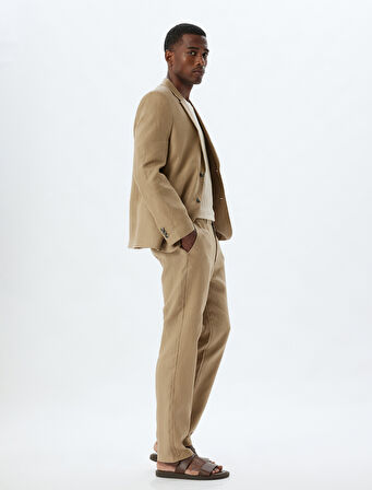 Keten Pantolon Slim Fit Chino Düğmeli Cep Detaylı