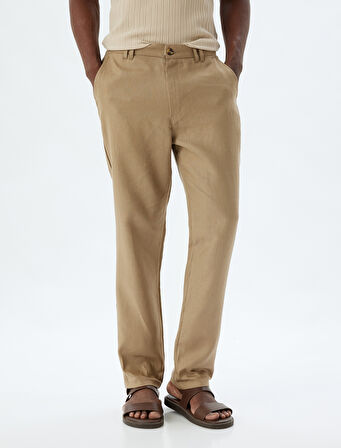 Keten Pantolon Slim Fit Chino Düğmeli Cep Detaylı