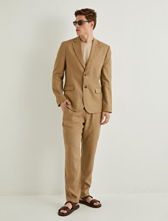 Keten Ceket Blazer Slim Fit Düğmeli Cep Detaylı