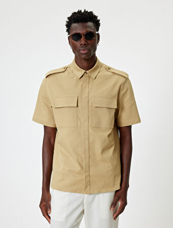 Kısa Kollu Gömlek Kapaklı Cep Detaylı Düğmeli Pamuklu