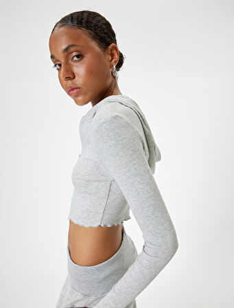 Crop Kapüşonlu Fermuarlı Hırka Uzun Kollu Slim Fit