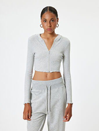Crop Kapüşonlu Fermuarlı Hırka Uzun Kollu Slim Fit
