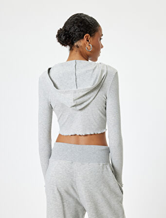 Crop Kapüşonlu Fermuarlı Hırka Uzun Kollu Slim Fit