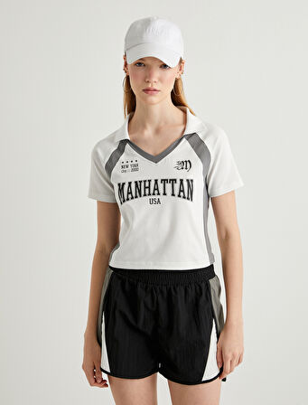 Crop Polo Tişört V Yaka Kısa Kollu Slim Fit 