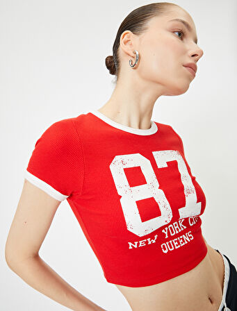 Crop Kolej Tişört Baskılı Kısa Kollu Bisiklet Yaka Biyeli 