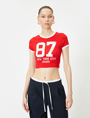 Crop Kolej Tişört Baskılı Kısa Kollu Bisiklet Yaka Biyeli 