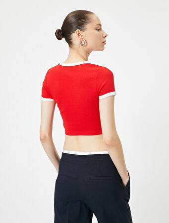 Crop Kolej Tişört Baskılı Kısa Kollu Bisiklet Yaka Biyeli 