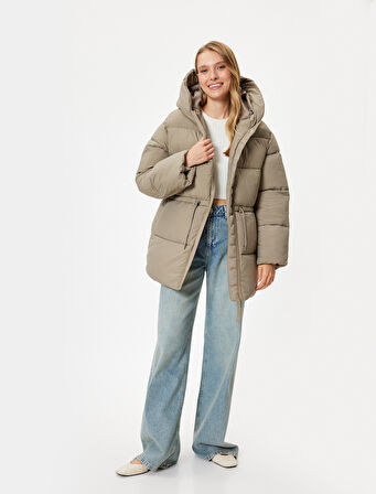 Kapşonlu Şişme Mont Oversize Cepli Fermuarlı 