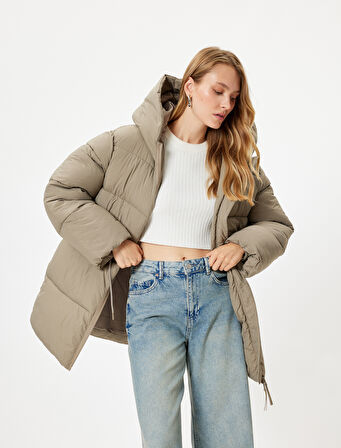 Kapşonlu Şişme Mont Oversize Cepli Fermuarlı 