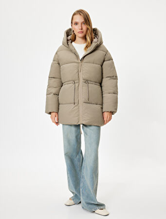 Kapşonlu Şişme Mont Oversize Cepli Fermuarlı 