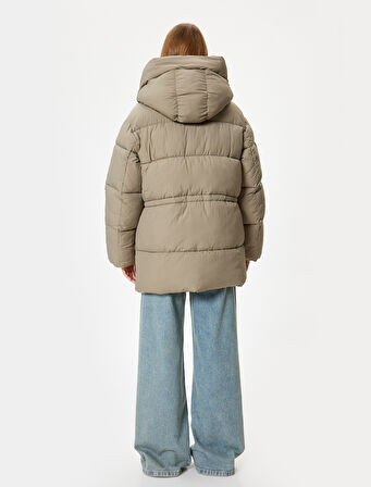 Kapşonlu Şişme Mont Oversize Cepli Fermuarlı 