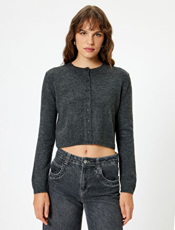 Triko Hırka Yuvarlak Yaka Düğmeli Uzun Kollu