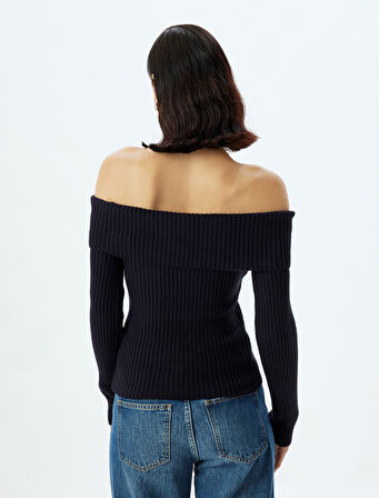 Omzu Açık Triko Kazak Uzun Kollu