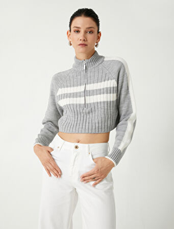 Yarım Fermuarlı Crop Kazak Dik Yaka Uzun Kollu