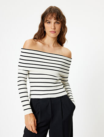 Triko Omzu Açık Kazak Kat Detaylı Fitilli Uzun Kollu