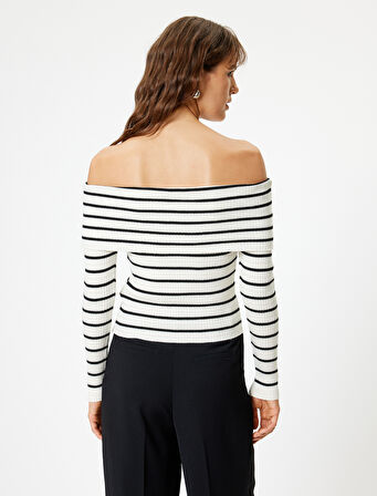 Triko Omzu Açık Kazak Kat Detaylı Fitilli Uzun Kollu