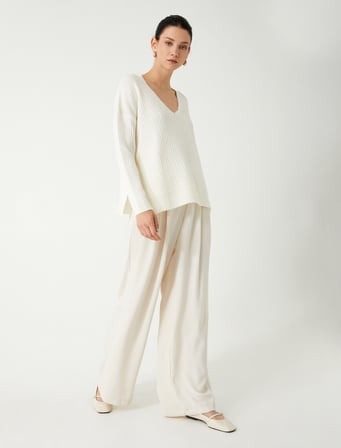 Basic V Yaka Oversize Triko Kazak Yumuşak Dokulu Uzun Kollu