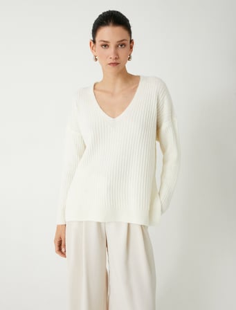 Basic V Yaka Oversize Triko Kazak Yumuşak Dokulu Uzun Kollu