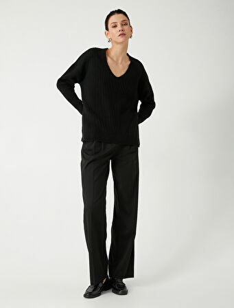 Basic V Yaka Oversize Triko Kazak Yumuşak Dokulu Uzun Kollu