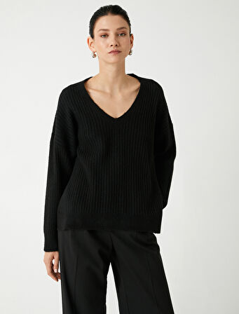 Basic V Yaka Oversize Triko Kazak Yumuşak Dokulu Uzun Kollu